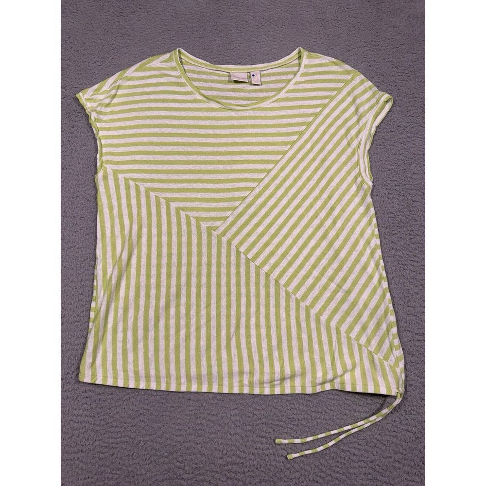Chicos‎ T-shirt Green White Stripes Cinch Tie Bottom Linen Modal Blend Size 3 XL